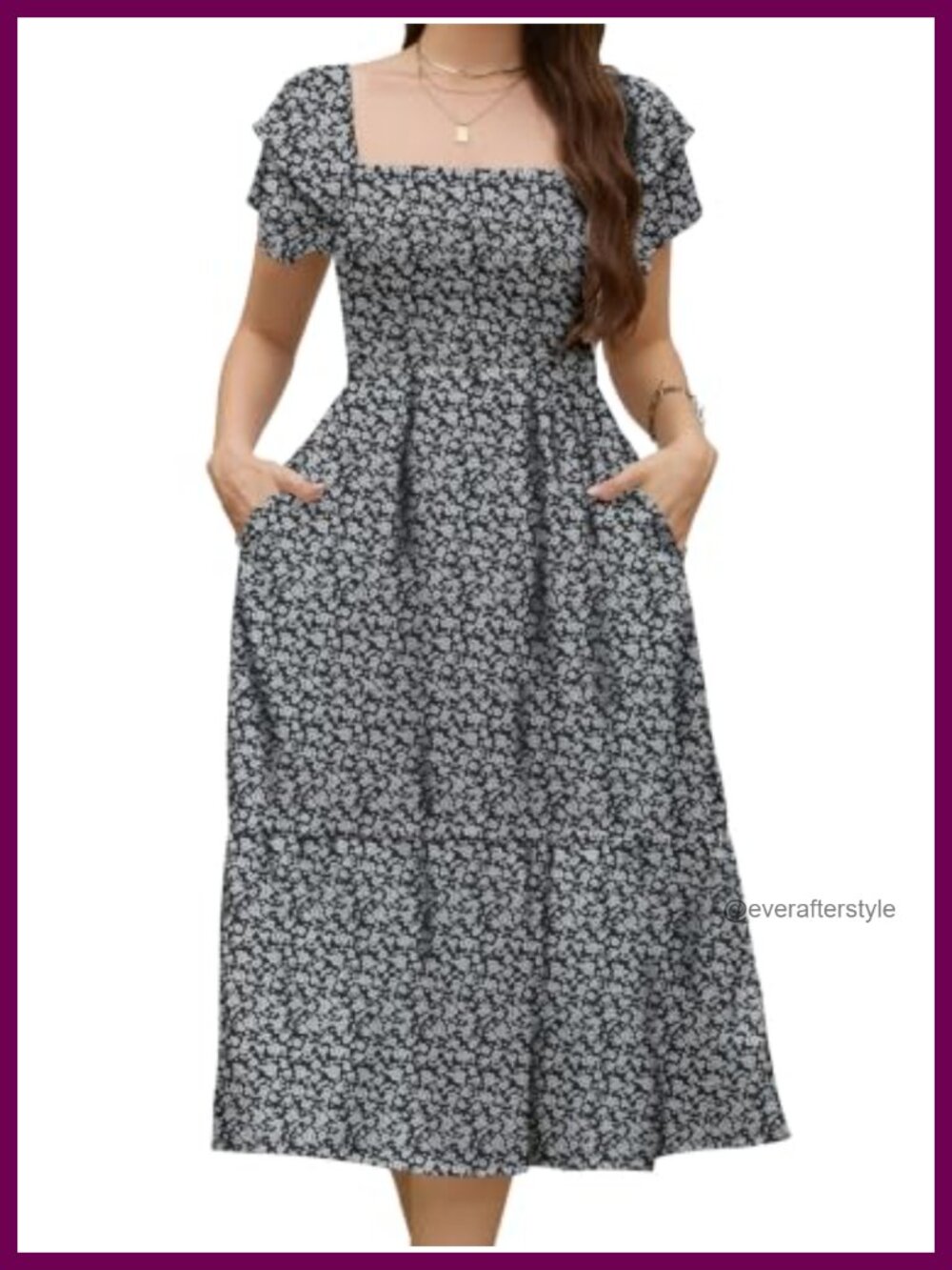 Women's Floral Midi Dress Puff Sleeve Square Neck Smocked Tiered Casual